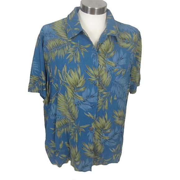 BeMode Women button up Hawaiian shirt silk sz L tropical luau pocket tiki bar - Picture 1 of 10